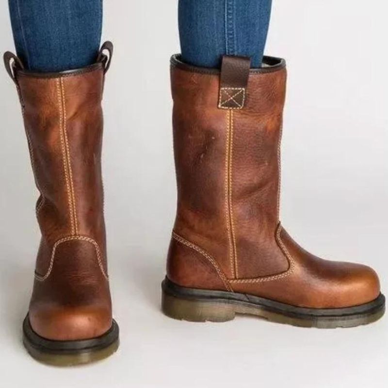 Leather boots - Brown, lined winter shoes for women EVA-US