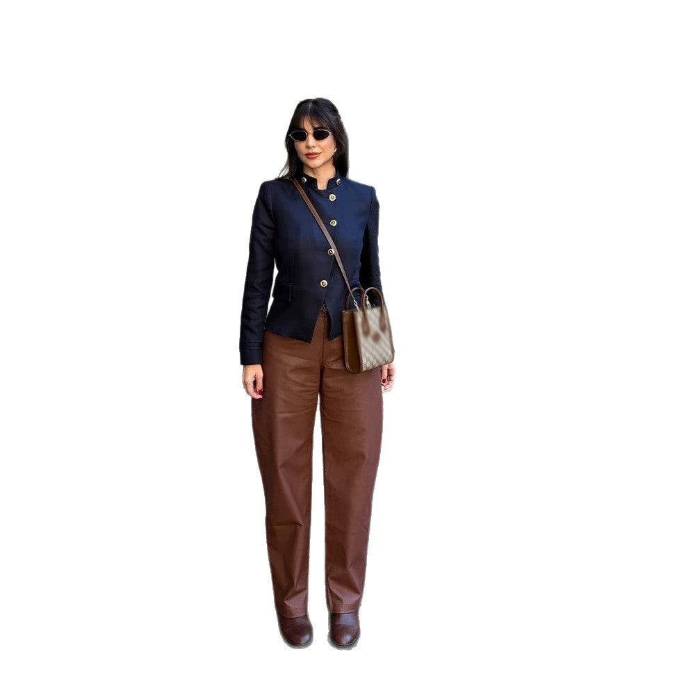 Women's Tailored Blazer with Stand Collar and Golden Decorative Buttons EVA-US