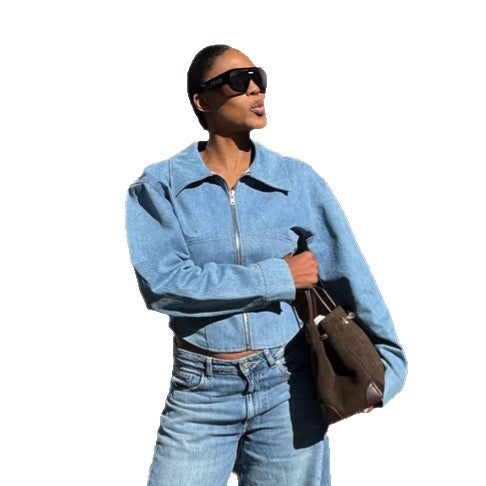 Women's short-cut denim jacket with zip and defined shoulder line EVA-US