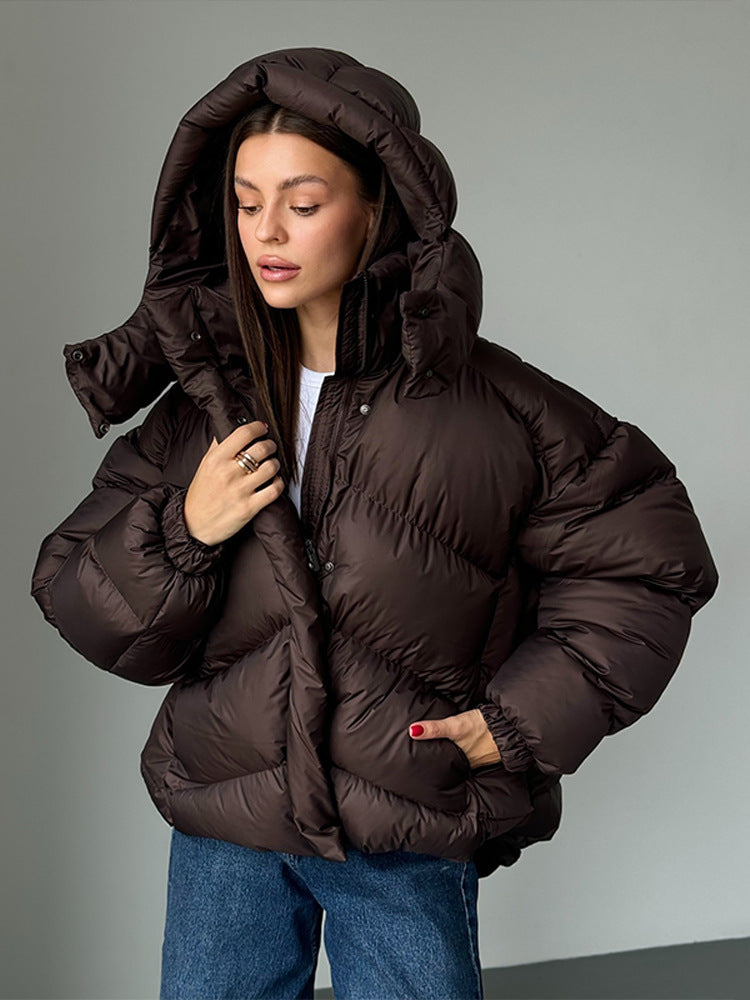 Ladies short puffer jacket with thermal filling, oversized hood & concealed two-way zipper EVA-US