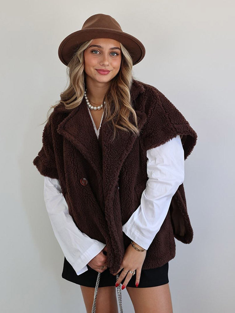 Women's Short Teddy Cape with Shawl Collar and Concealed Button Placket EVA-US