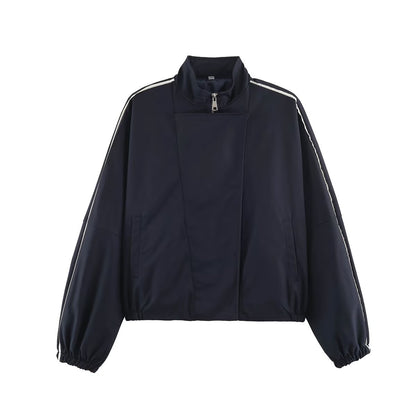 Women's Oversize Bomber Jacket in Blouson Style with High Stand-Up Collar, Concealed Zipper and Contrast Piping EVA-US