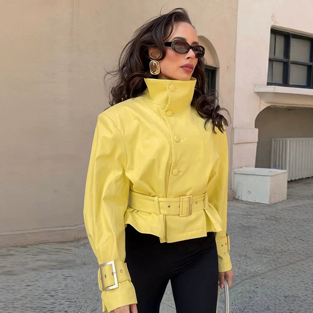 Women's short jacket with waist belt, high stand-up collar, and decorative cuffs EVA-US