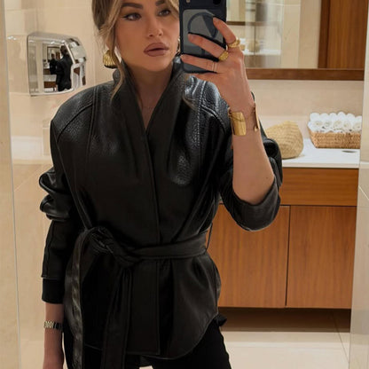 Women's Tailored Leather Jacket with Wrap Belt and Kimono Collar EVA-US