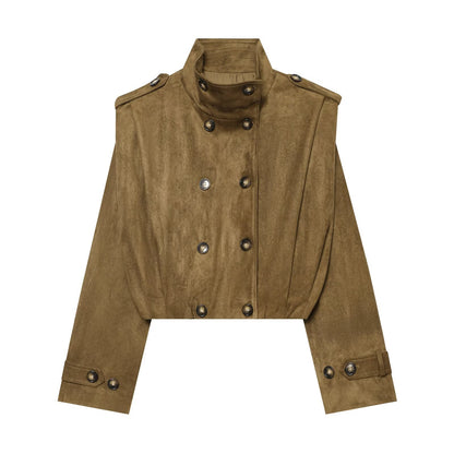 Women's Short Cut Double-Breasted Suede Look Jacket with Stand Collar and Epaulettes EVA-US