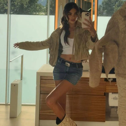 Women's Short Fringe Suede Jacket in Western Style with Decorative Stitches and Studs EVA-US