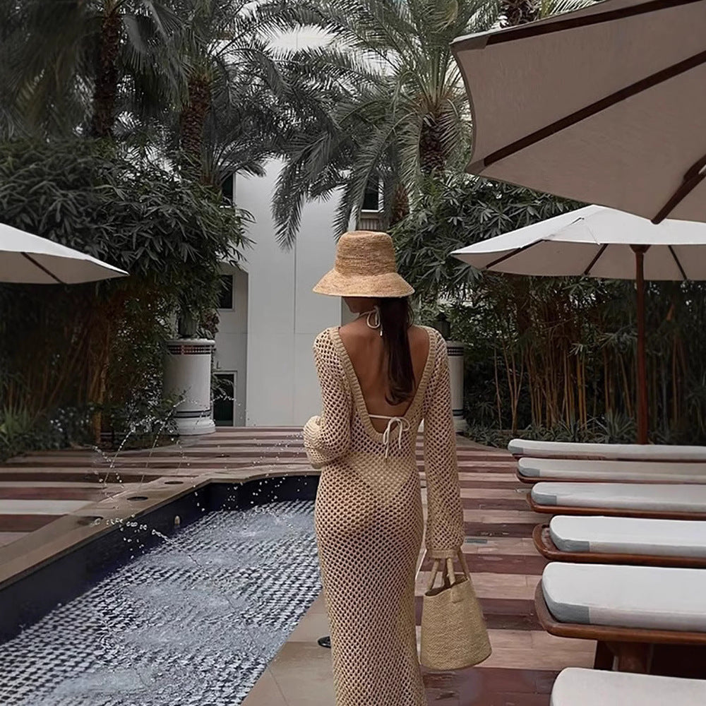 Women Open Crocheted Maxi Dress as Beach Cover-Up with Deep V and Long Sleeves EVA-US