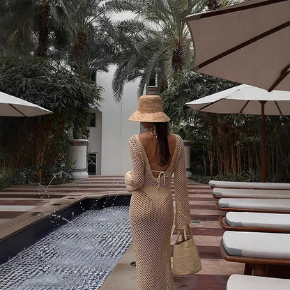 Women Open Crocheted Maxi Dress as Beach Cover-Up with Deep V and Long Sleeves EVA-US