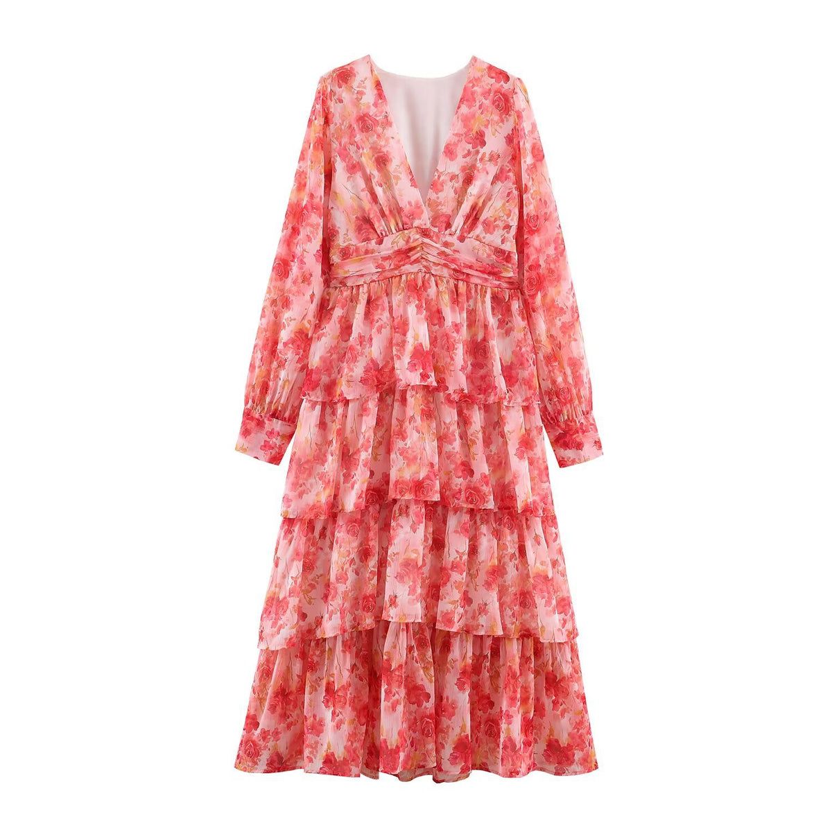 Women’s Long Tiered Chiffon Midi Dress with Deep V-Neck and Tailored Drapings EVA-US