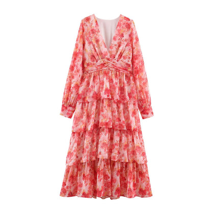 Women’s Long Tiered Chiffon Midi Dress with Deep V-Neck and Tailored Drapings EVA-US