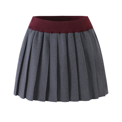 Women’s Two-Piece Fine Knit Set with V-Neck, Contrasting Collar and Pleated Mini Skirt EVA-US