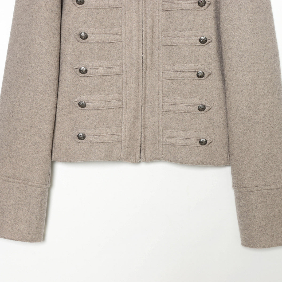 Women's Short Jacket Military-inspired Wool Blend Cropped Jacket with Stand Collar, Epaulettes and Decorative Button Placket EVA-US