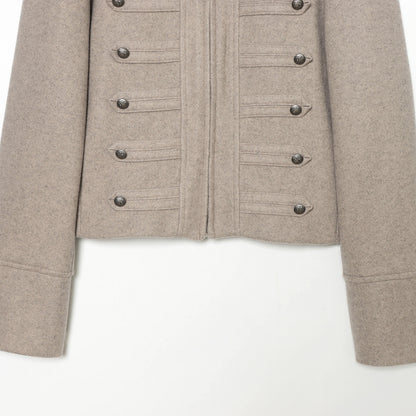 Women's Short Jacket Military-inspired Wool Blend Cropped Jacket with Stand Collar, Epaulettes and Decorative Button Placket EVA-US
