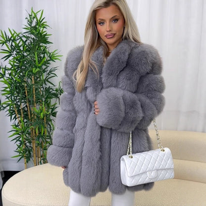 Ladies short coat made of faux fur with voluminous panels and shawl collar EVA-US