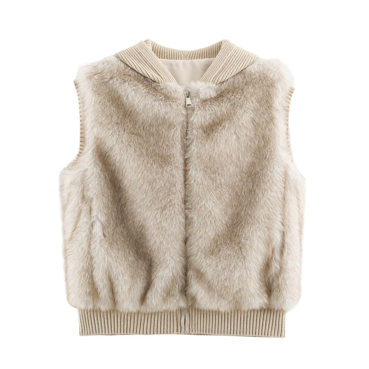 Women Faux Fur Vest with Zipper, Ribbed Collar and Elastic Cuffs EVA-US