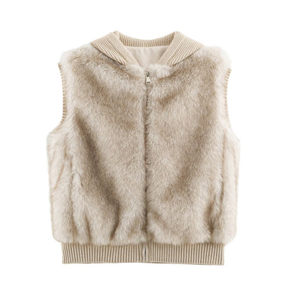 Women Faux Fur Vest with Zipper, Ribbed Collar and Elastic Cuffs EVA-US
