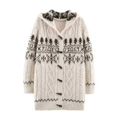 Women's Coarse Knit Hooded Cardigan with Horn Buttons and Norwegian Pattern EVA-US