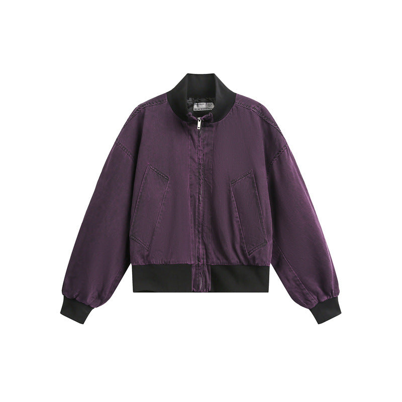 Unisex Short Cut Satin Bomber in Boxy Cut with Contrasting Ribbed Collar and Balloon Sleeves EVA-US