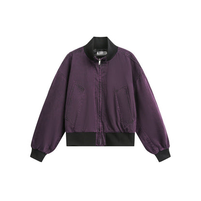 Unisex Short Cut Satin Bomber in Boxy Cut with Contrasting Ribbed Collar and Balloon Sleeves EVA-US