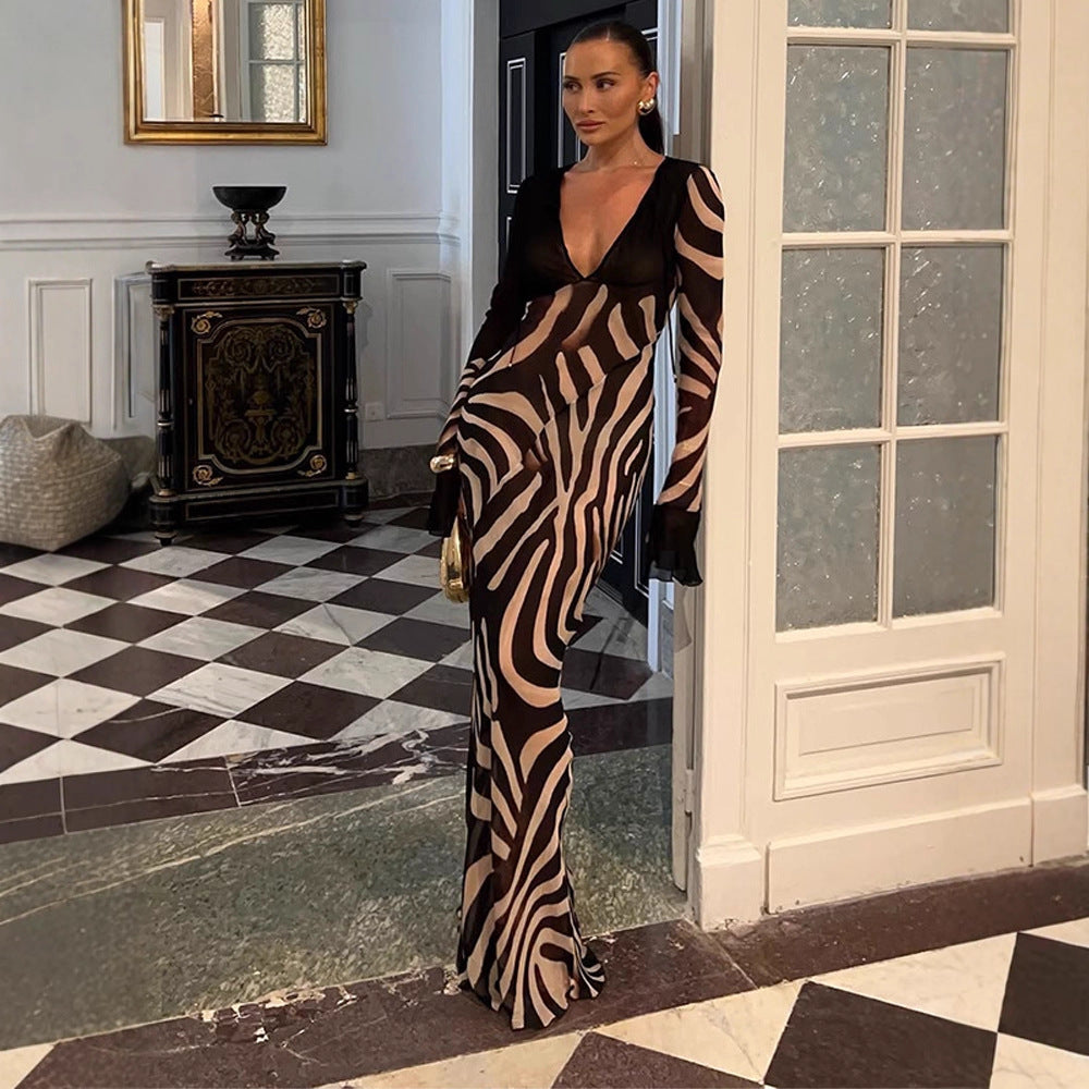 Women's figure-hugging mesh maxi dress with deep V-neck and graphic zebra print EVA-US