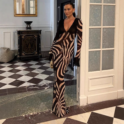 Women's figure-hugging mesh maxi dress with deep V-neck and graphic zebra print EVA-US