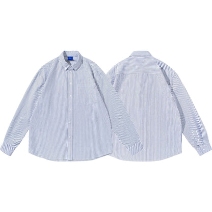 Women Striped Oversize Shirt in Oxford Style with Button-Down Collar and Chest Pocket EVA-US