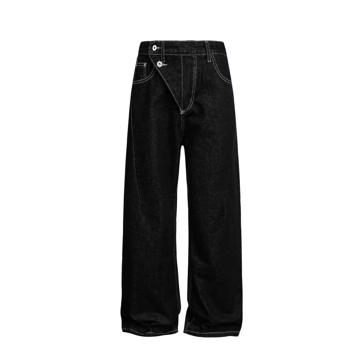 Women Wide High-Waist Jeans Pants with Asymmetrical Button Closure and Contrast Seams EVA-US