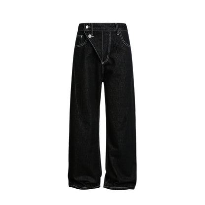 Women Wide High-Waist Jeans Pants with Asymmetrical Button Closure and Contrast Seams EVA-US