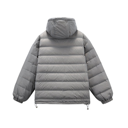 Men's Boxy Puffer Jacket with high stand-up hood, double front zipper and drawstring