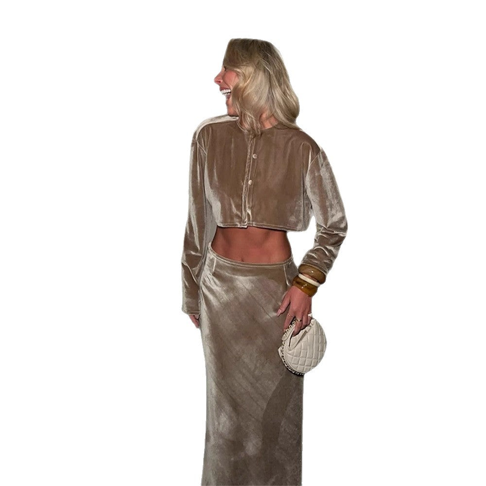 Ladies Velvet Cropped Set with Buttoned Short Cardigan & Tailored Midi Skirt EVA-US