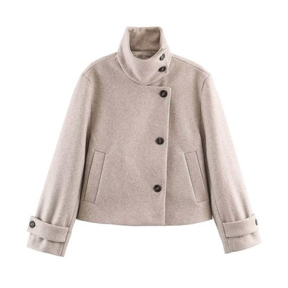 Women's short wool coat with high stand-up collar, asymmetric button placket and adjustable cuff straps EVA-US
