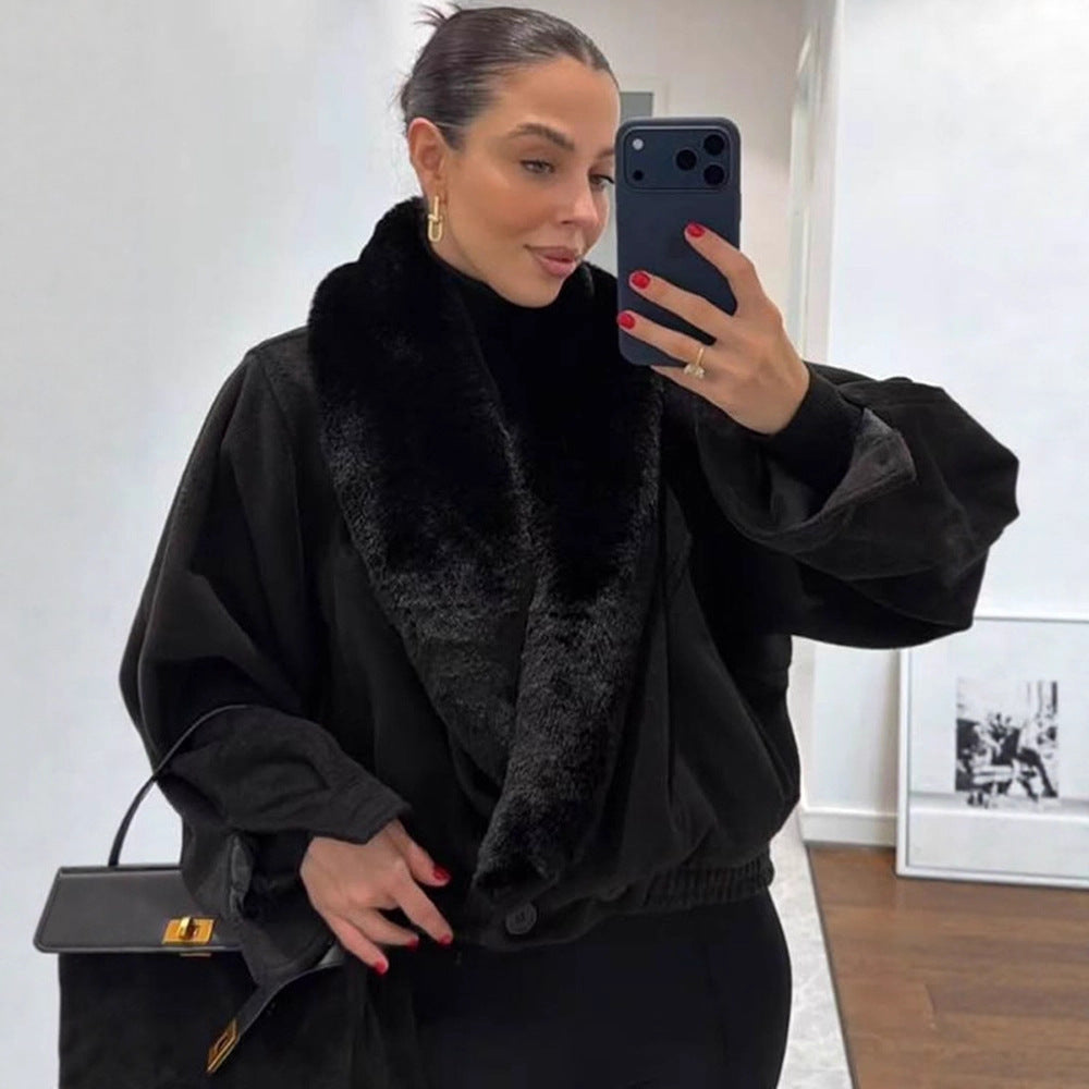 Women’s short jacket with voluminous faux fur shawl collar and elastic hem EVA-US