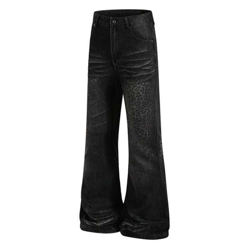 Women's High-Cut Flared Jeans with Subtle Leo Print and Used Wash EVA-US