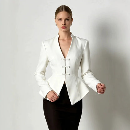 Women's Tailored Peplum Blazer with Mandarin Collar and Decorative Knot Fastenings EVA-US