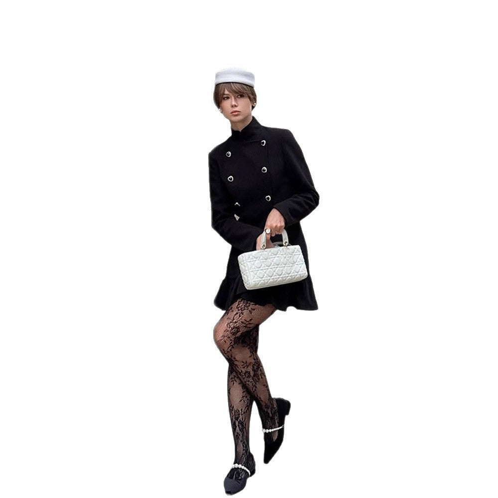 Women Tailored Double-Breasted Short Blazer with Stand Collar, Flounce Hem and Heart Button Detail