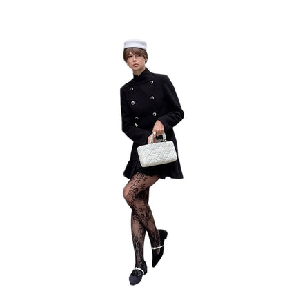 Women Tailored Double-Breasted Short Blazer with Stand Collar, Flounce Hem and Heart Button Detail