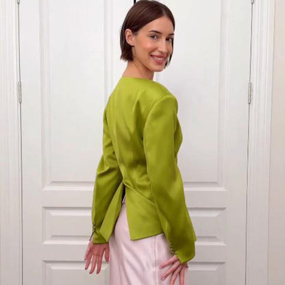 Women's Tailored Satin Blazer with Emphasized Peplum and Decorative Button Placket EVA-US