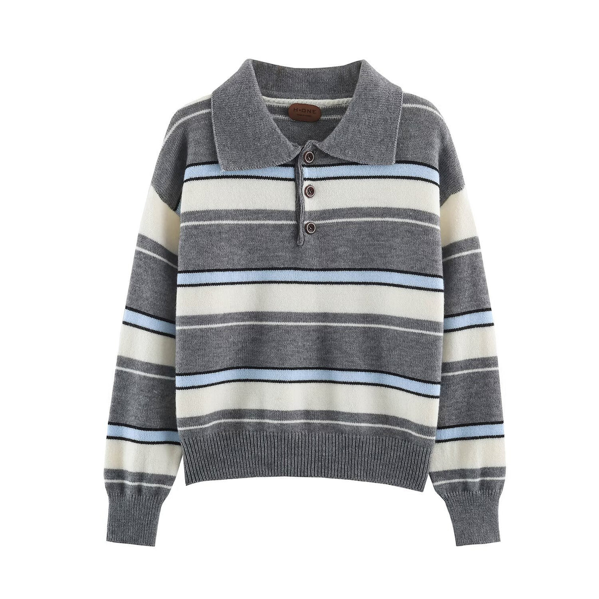 Women Striped Oversize Sweater with Polo Collar and V-Neck EVA-US