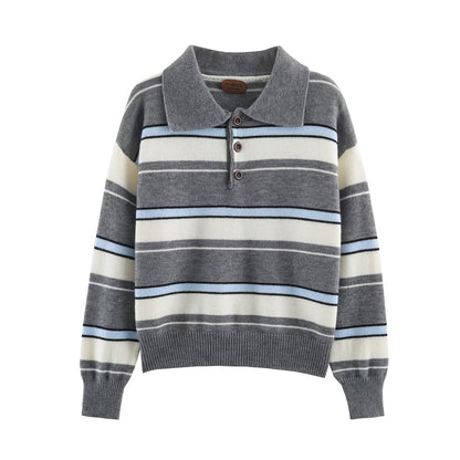 Women Striped Oversize Sweater with Polo Collar and V-Neck EVA-US