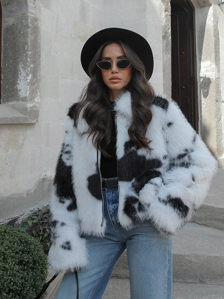 Women's Short Cut Faux Fur Bomber with Spot Pattern EVA-US