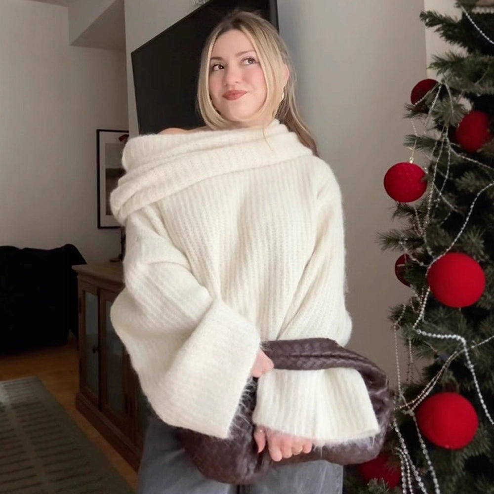 Women's Oversize Off-Shoulder Ribbed Knit Sweater with Wide Bell Sleeves EVA-US