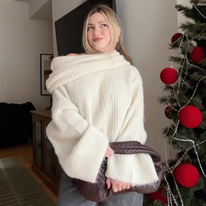 Women's Oversize Off-Shoulder Ribbed Knit Sweater with Wide Bell Sleeves EVA-US