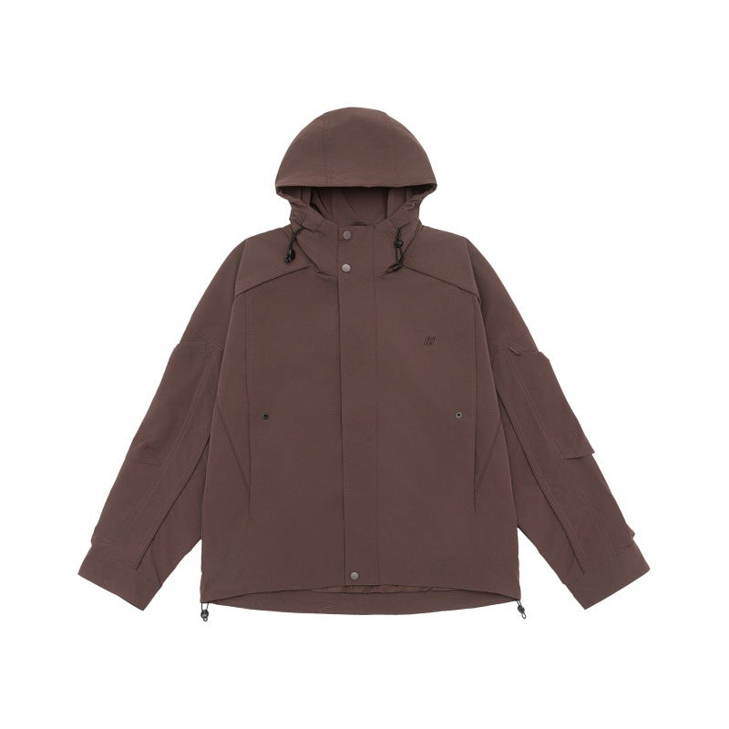 Unisex technical hooded field jacket in boxy cut with concealed front and multifunctional pockets EVA-US