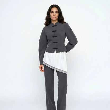 Women's Tailored Cropped Blazer with Mandarin Collar and Decorative Knot Closure EVA-US