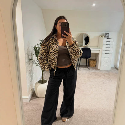 Ladies padded oversized bomber jacket with leopard print and stand-up collar EVA-US