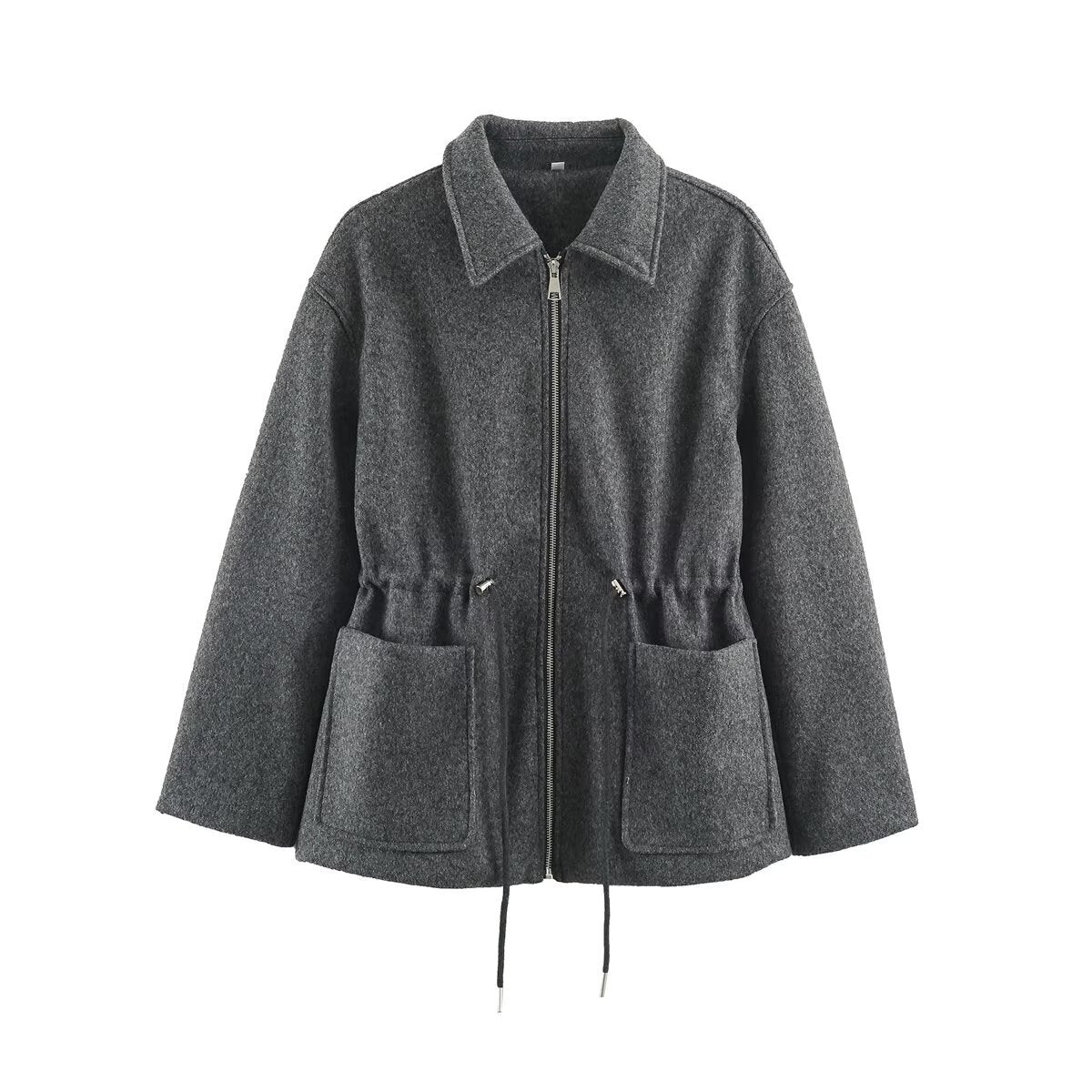 Women's short jacket made of wool blend with drawstring waist and patch pockets EVA-US