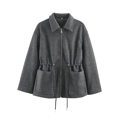 Women's short jacket made of wool blend with drawstring waist and patch pockets EVA-US