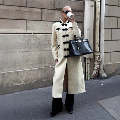 Women's Maxi-Length Tailored Wool Blend Coat with Stand-Up Collar and Decorative Frog Closures EVA-US