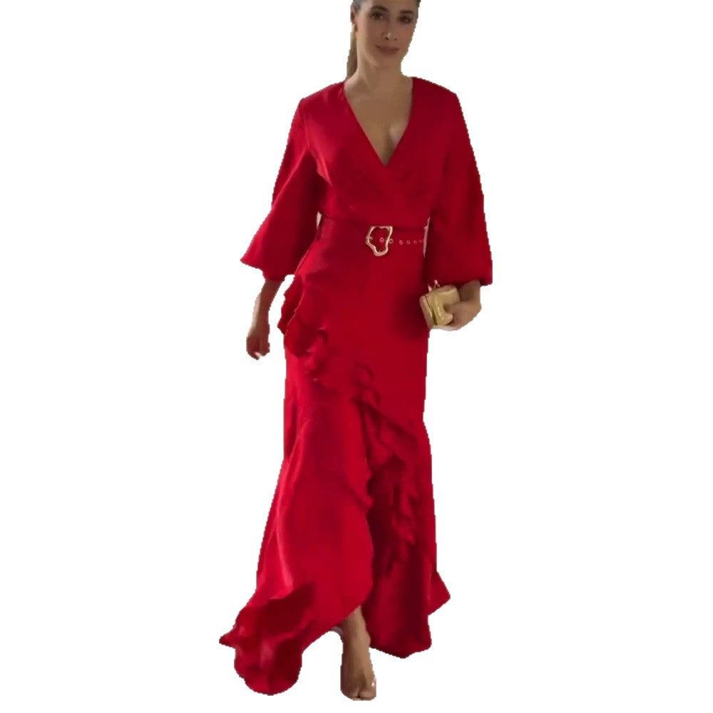 Women's Elegant Wrap Maxi Dress with Ruffles, Fitted Belt & Wide Bell Sleeves EVA-US