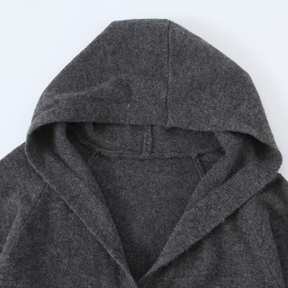 Women Long Hooded Cardigan with Full Button Placket and Ribbed Cuffs EVA-US